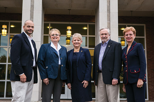 Team Photo The 2013-2015 leadership team for the the Georgia Southern University Foundation Board of Trustees, pictured left to right are: Rob Whitaker, Treasurer; Salinda Arthur, Foundation President; Barbara Golden, Ph.D., Foundation Chair; Brooks A. Keel, Ph.D., University President; and Caroline Harless, Chair-Elect.