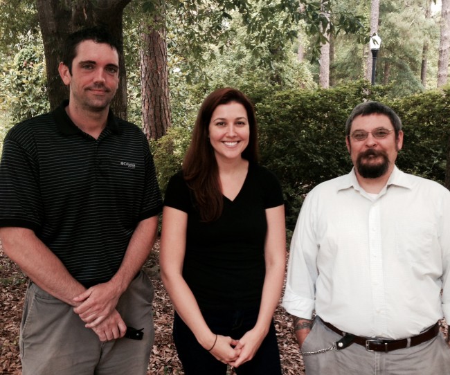 Zachary Dietrich, Dr. Shauna Joye and Joseph Amos Garcia pose for a photo near the psychology department at Georgia Southern University. The team of researchers have partnered with Warrior Hike “Walk Off The War” Program, to study thru-hiking – walking an entire long-distance trail in one attempt – as an alternative method of therapy for combat veterans suffering from post-traumatic stress disorder.