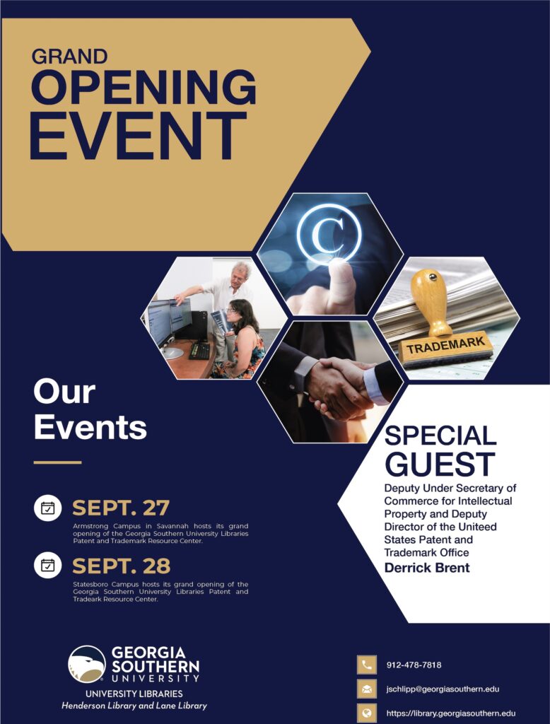 Georgia Southern Libraries celebrates grand opening for Patent and Trademark Resource Center with two events, Sept. 27 in Savannah and Sept. 28 in Statesboro