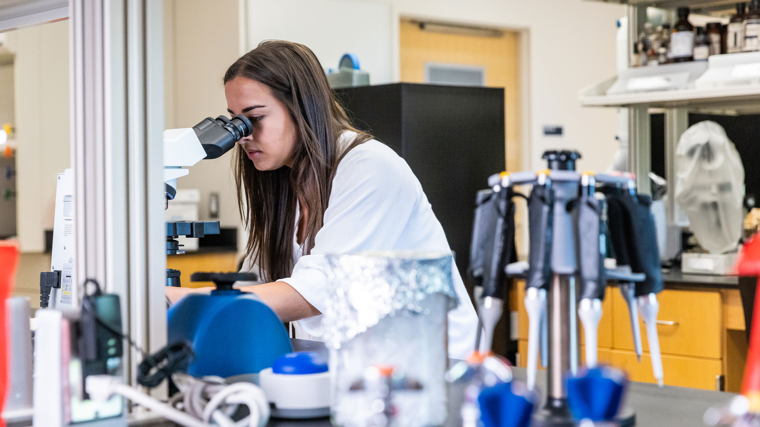 A close-up shot of a female researcher with long brown hair, in a white shirt, carefully focusing while looking into a binocular microscope in a busy life science laboratory. Note: The lab is equipped with micropipettes and other specialized instruments.
