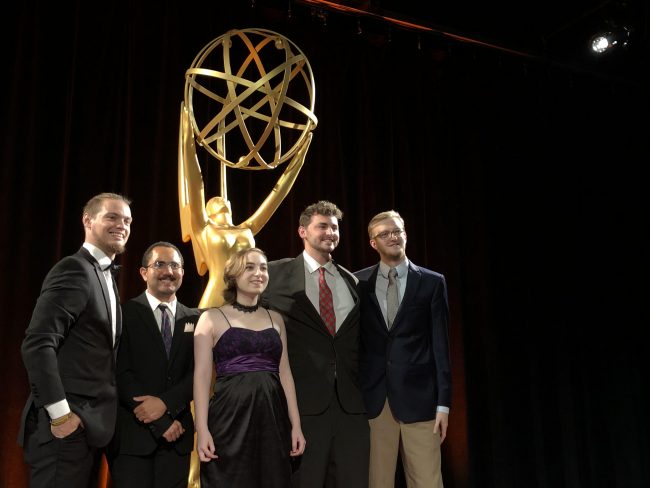 Georgia Southern Multimedia Development Center Emmy award winners include, from left, Bradon Holder, Senior, Electrical Engineering Major, Orange Park, FL, Serggio Montero, Senior, Computer Science Major, Savannah, GA, Melanie Denton, Senior, Multimedia Film and Production Major, Statesboro, GA, Robert Wright, Graduated, Multimedia Film and Production Major, Macon, GA, and Brian Cox, Senior, Computer Science Major, Richmond Hill, GA.