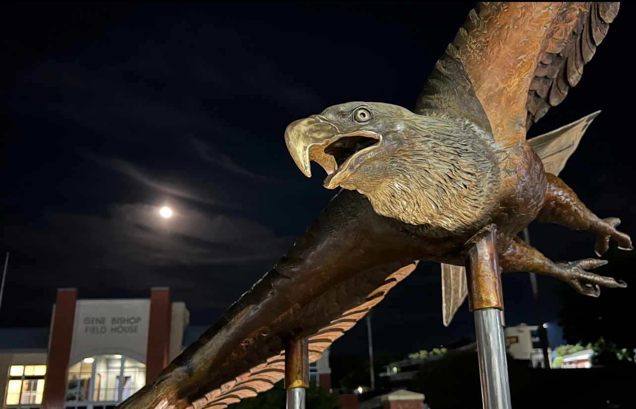 A new symbol of Eagle spirit stands at the entrance of Allen E. Paulson Stadium after Georgia Southern University unveiled “Freedom to Soar,” a life-size bronze statue honoring Freedom, the University’s beloved bald eagle mascot who passed away in March 2025.  The sculpture has a wingspan of approximately eight feet and weighs 385 pounds. It sits atop a custom cast and polished concrete pedestal that weighs 6,000 pounds. The inspiration for the final look is one that Eagles football fans will find familiar.
