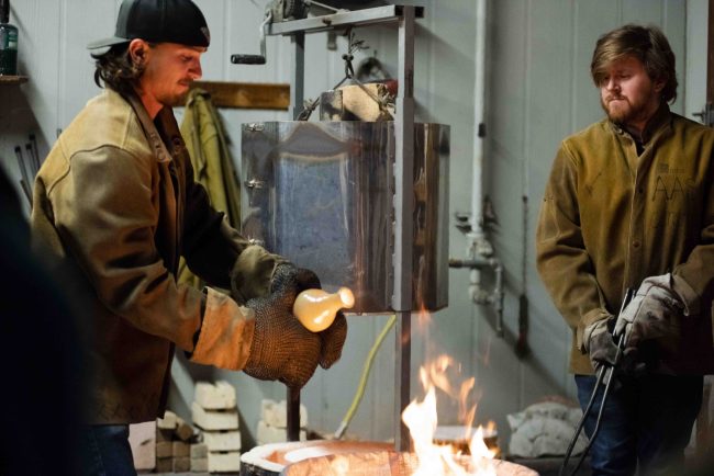 Raku firing is an ancient Japanese ceramics technique in which pottery is removed from a kiln while it’s red hot and placed into a container with combustible materials to create colorful glazes.