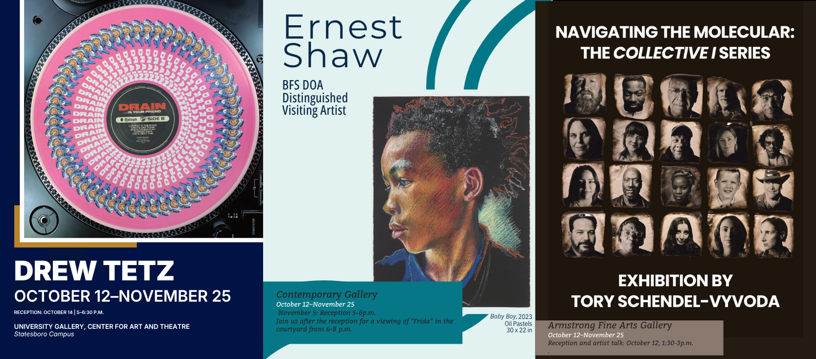 Three posters sit side by side in a small rectangular gallery. The posters include a photo of a turntable for Drew Tetz on the left, a portrait of a person looking sideways by Ernest Shaw in the middle and a collection of sepia photos in a grid for Tory Schendel-Vyvoda.